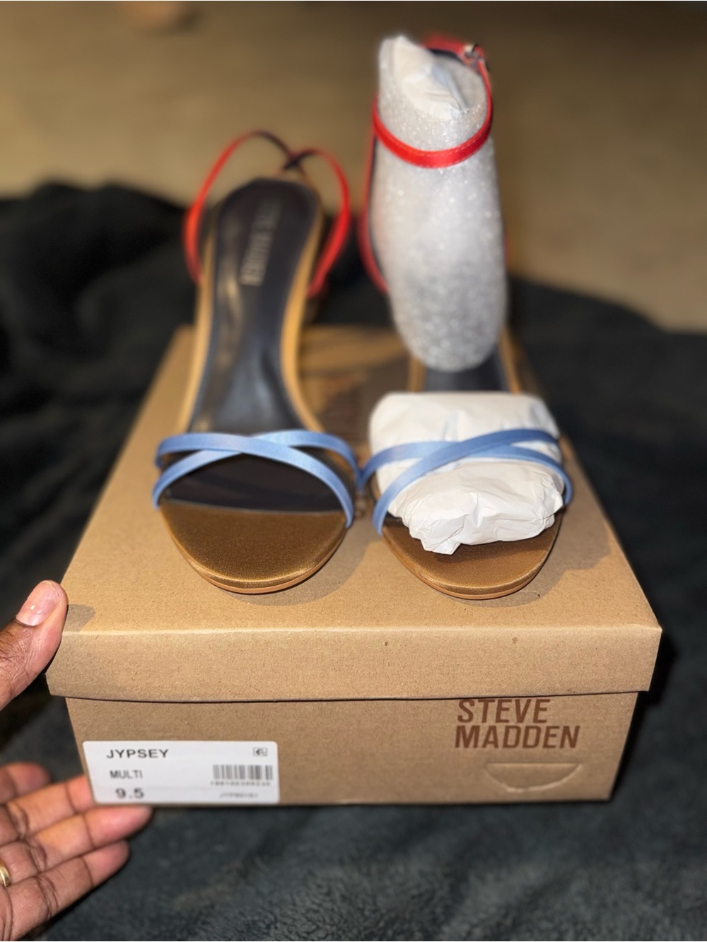 Steve Madden Two-Tone Strappy Heels in Blue, Red & Silver Glitter - Picture 2 of 4